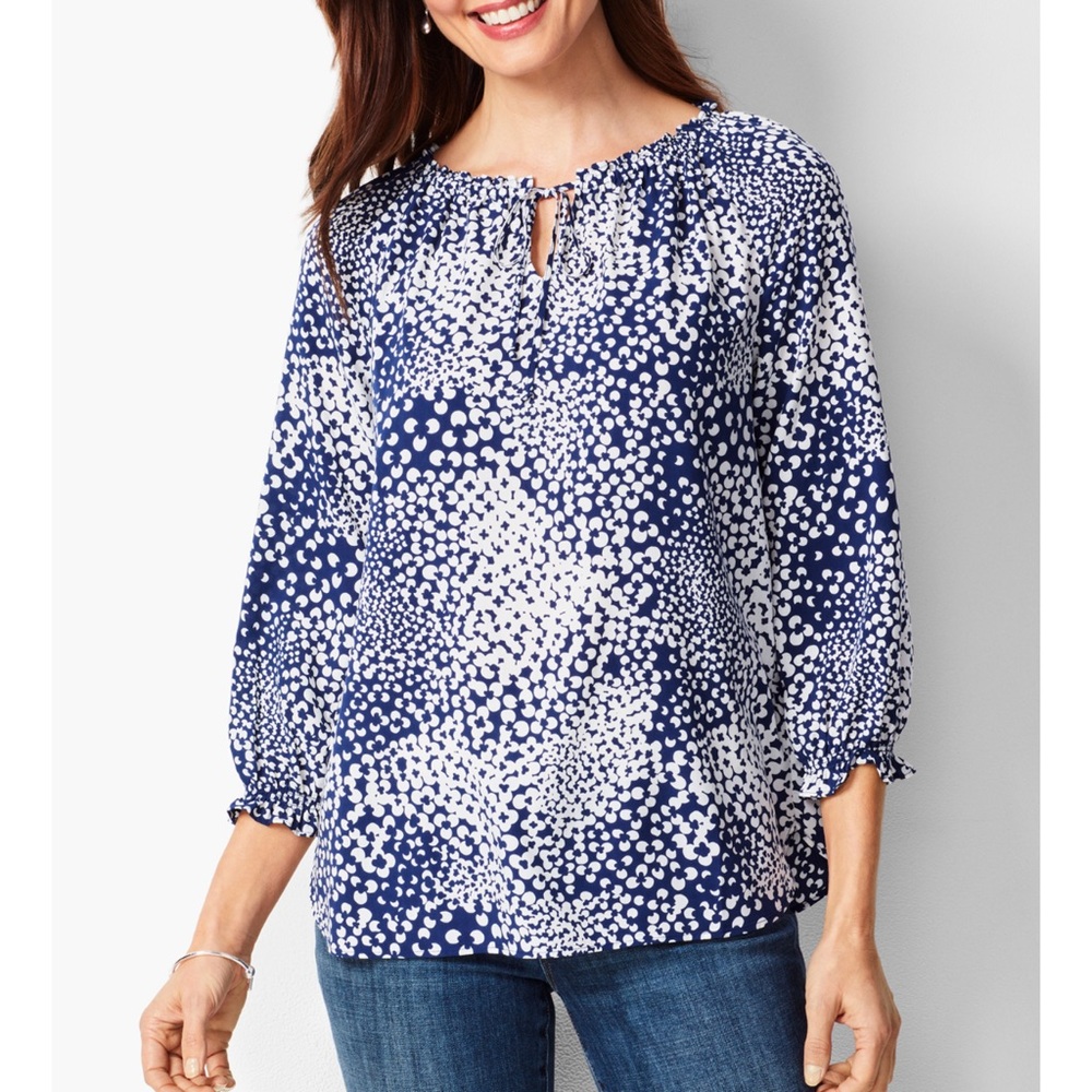 Talbots Abstract Clover Blouse Navy White Size Large - Picture 1 of 8